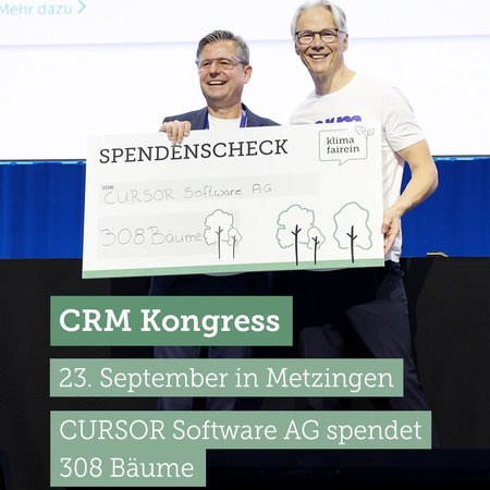 🌱 308 Bäume für den regionalen Umweltschutz! 

Beim CRM Kongress in Metzingen überreichte die @cursor_crm dem klimafairein eine Spende von 308 Bäumen. 

Übergeben wurde die Spende von Jürgen Heidak, Vorstandsvorsitzender der CURSOR Software AG, an unsere Vorstandsvorsitzenden Thorsten Reichel.

Wir bedanken uns herzlich bei @cursor_crm für die Unterstützung und das Engagement für mehr regionalen Klimaschutz. 🌳

#klimafairein #crmsoftware #cursor #crmkongress #nachhaltigkeit