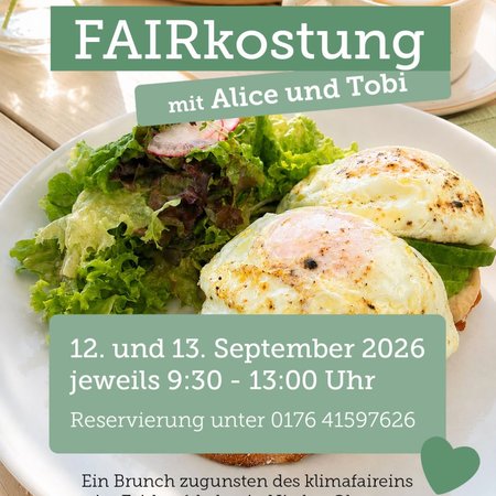 Alice und Tobi träumen schon lange von ihrem eigenen Café und für ein Wochenende wird dieser Traum nun Wirklichkeit! ☕️💚

Im Fairkaufsladen in Nieder-Ohmen erwarten Euch verschiedene Brunch-Teller, von herzhaft bis süß. Dabei setzen die beiden überwiegend auf saisonale und regionale Produkte und vieles wird mit ganz viel Liebe selbst gemacht. 🥐🥗🍰

Und natürlich kommen auch alle Kaffeeliebhaber:innen auf ihre Kosten. ☕️✨

Kommt vorbei, genießt einen gemütlichen Brunch und unterstützt dabei den klimafairein! Wir freuen uns auf Euch! 💚

📅 12. & 13. September 2026
⏰ jeweils 9:30–13:00 Uhr
📞 Reservierung: 0176 41597626